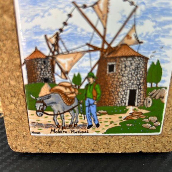 VTG Portugal Decorative Ceramic Tile Trivet Rope Handles Moleiro Donkey Windmill - Picture 2 of 6